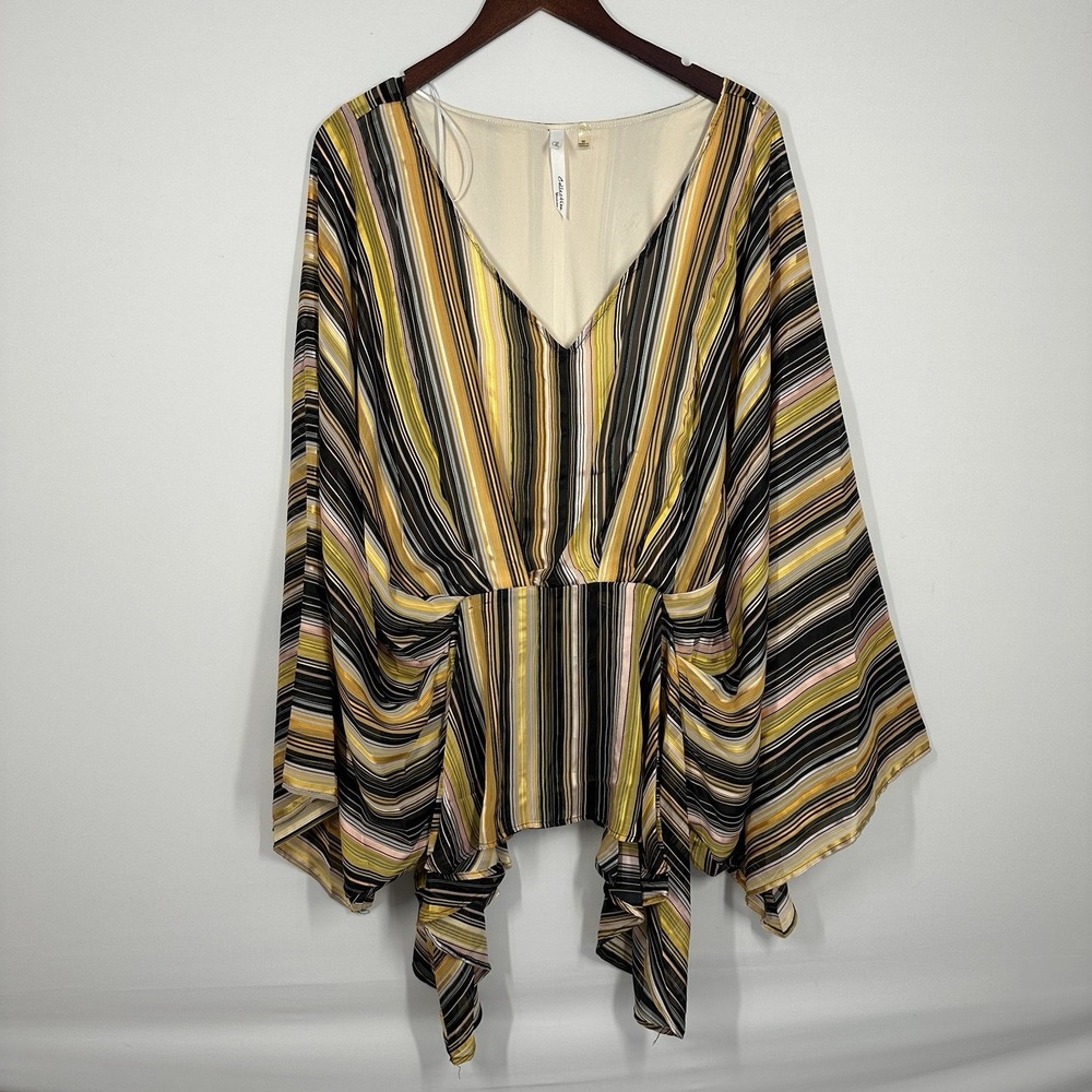 NY Collection Women's Tunic Yellow Striped V Neck Top 3XL Loose Dolman Style